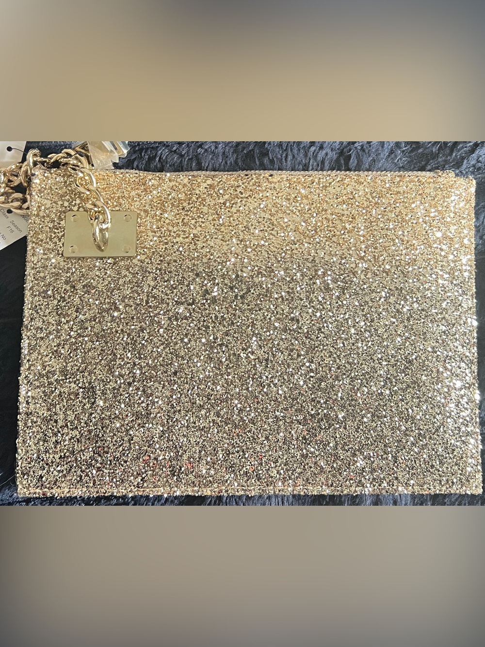 Gold Glitter Chain-Accent Wristlet Clutch